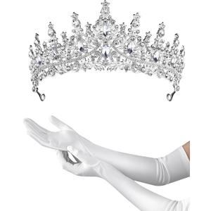 Princess Tiara Crown with Satin Gloves Set Crystal Headpiece for Graduation Prom and Party Photo Props (Silver)