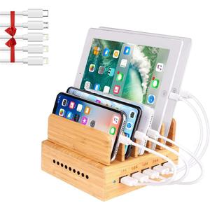Bamboo Charging Station, Wood Charging Station for Multiple Devices with 5 Ports USB Charger Docking Station for iPhone, iPad,Tablet, and Android Cell Phone