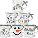 Whaline 6Pcs Winter Mini Coffee Mug with Ribbon Tiered Tray Decor White Snowman Drinking Mug for Winter Christmas Table Centerpieces Decorations Housewarming Gift