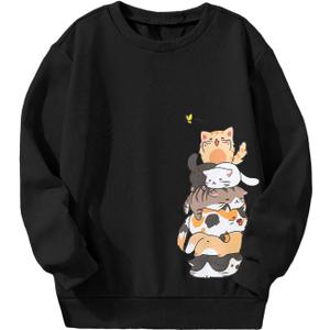 Girl's Cartoon Graphic Long Sleeve Crewneck Sweatshirts Drop Shoulder Cute Pullover Tops T Shirt (Black)