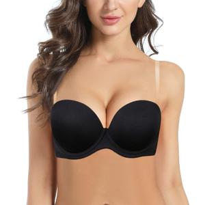 Women's Strapless Push Up Bra Underwired Thick Padded Low Cut T-Shirt Convertible Supportive Bras with Clear Straps, 36D