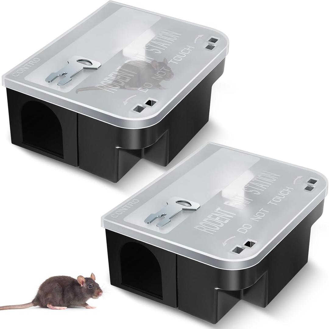 Qualirey 2 Pcs Rat Bait Station 8.86 x 7.28 x 3.62 Inches Rat Traps with Openable Lid, Blocks Boxes with Keys for Big Mouse, Keeps Children and Pets Safe Indoor & Outdoor, Bait Not Included (Clear)