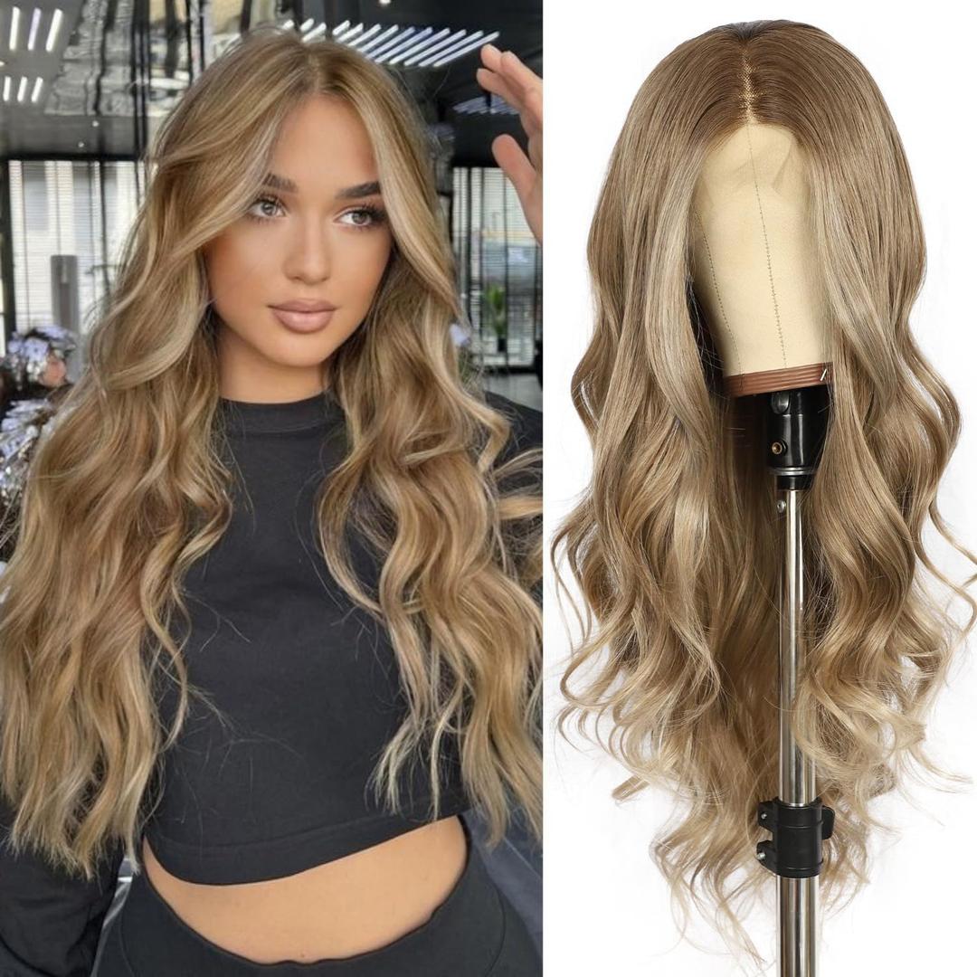 SAPPHIREWIGS Brown Lace Front Wig Synthetic Lace Front Wigs for Women Natural Brown with Ash Blonde Tips Body Wave Heat Resistant Hair 26 Inch