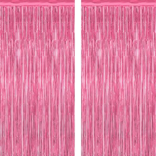 2 Pack Pink Party Decorations, 3.28 FT x 7.05 FT Pink Backdrop, Metallic Tinsel Backdrop Fringe Curtains Backdrop Curtains, Photo Backdrop Party Supplies Birthday Party Decorations
