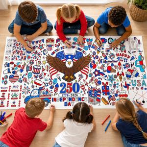 3 x 250th Anniversary Giant Coloring Poster for Kids, USA 1776-2026 Patriotic Eagle American Flag 30 x 72 Inch Tablecloth Crafts Games Activities for Independence Day Party Decoration