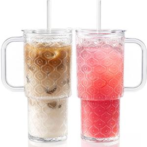 GOSCHE 26oz Textured Glass Tumbler with Handle & Leak-Resistant Lid, Large Iced Coffee Cup with Straw, Clear Glass Mug for Cold & Hot Drinks, Smoothies & Tea, Fits Car Cup Holders, Reusable, 2 Pack