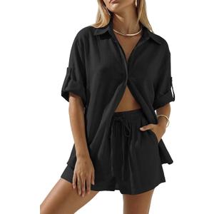 BWQ Womens 2 Piece Linen Short Sets Beach Vacation two piece sets for women summer (Small, Black)