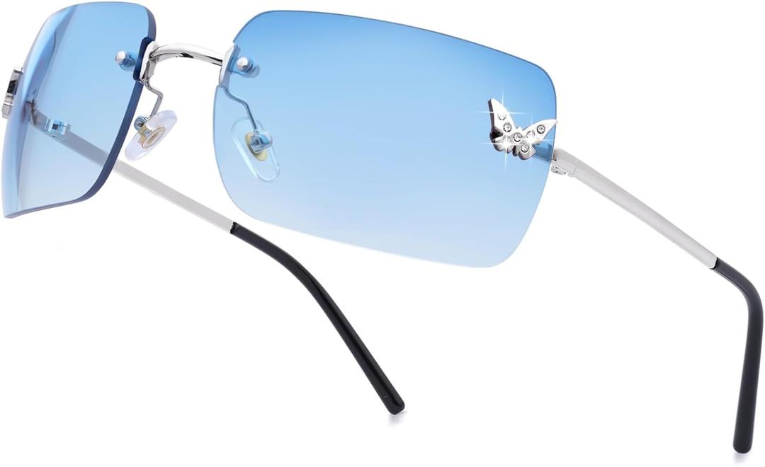 knliwkm Rimless Rectangle Y2k Sunglasses for Women Men Cute Small Clear Frameless Tinted Lens 2000S Fashion Shades Butterfly (Silver, Gradient Blue)