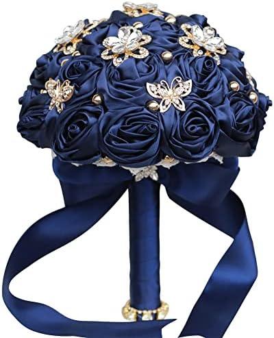 Sharebeauty 5.9" Mini Bridal Bouquet Handmade Satin Rose Round Wedding Bouquet Throw Toss Artificial Flower Bunch Navy Blue