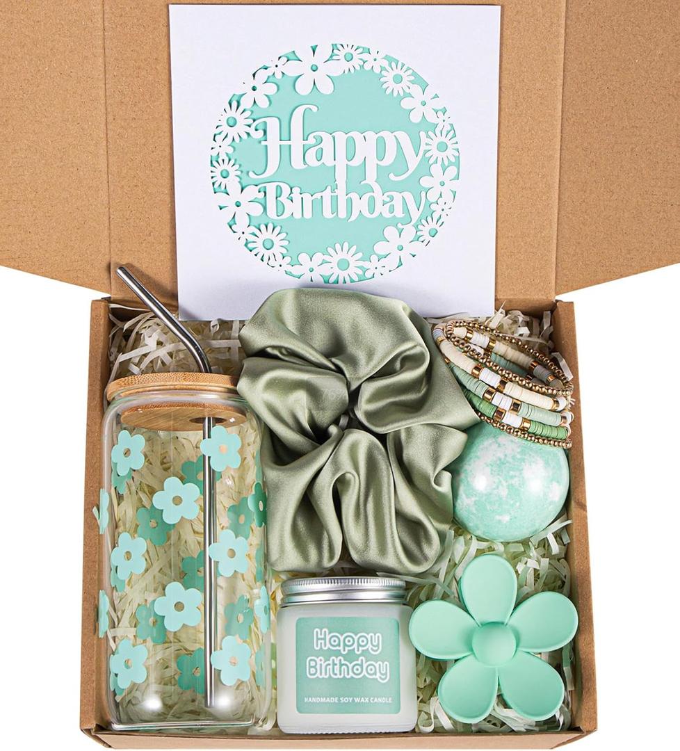 JTEWB Birthday Gifts For Women, Teen Girl, Her, Happy Birthday Gift Box For Girl, Women, Sister, Daughter, Friends, Cute Daisy Aesthetic Glass Cups Gift Set 7pcs (Mint Green)