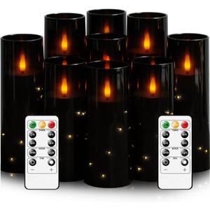 Flameless LED Candles with Timer 9 Pc Flickering Flameless Candles for Romantic Ambiance and Home Decoration Stable Acrylic Shell,with Embedded Star String,Battery Operated CandlesBlack