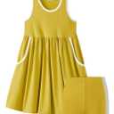 Kids4ever Girl Dress with Shorts Midi Sleeveless Colorblock Pockets Dresses for Girls Crewneck Summer A Line Loose Basic Sundress Beach Casual Yellow 11-12 Years (Yellow)