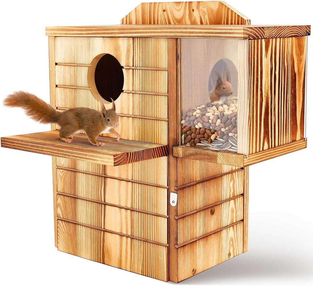 2in1 Large Squirrel Family House with Feeder and Predator Guard for Outside with Multi Platform Wooden Squirrel Nesting Box for Breeding Living, Year-Round Shelter and Nesting Place