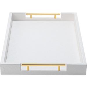 White Leather Decotative Coffee Table Tray,Modern Large Ottoman Tray Rectangle Serving Tray with Handles for Living Room Party (20" x 14" x 2")