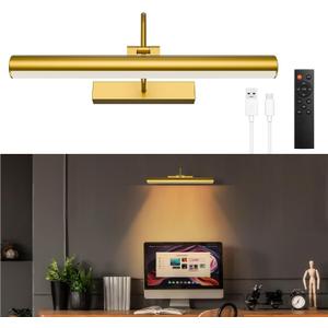13'' Picture Light for Wall, 5200 mAh Battery Operated Picture Light with Remote & Timer for Wall Art - 3 CCT Dimmable LED, Brass Finish