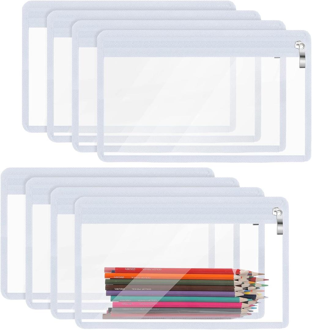 Outus 8 Pcs Clear Zipper Pouches Pencil Pouches PVC Makeup Pouch Envelopes Folder Storage Multi purpose Pouch Document File Organization Bags, Office Supplies (White Edging, 11.5 x 7 Inches)