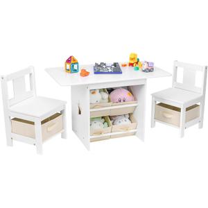 Kids Table and Chair Set (2 Chairs Included), Wooden Toddler Table and Chairs Set with 6 Storage Bins Boxes, Children's Furniture, Water Resistant, Easy to Clean, Gift for Boy & Girl, White