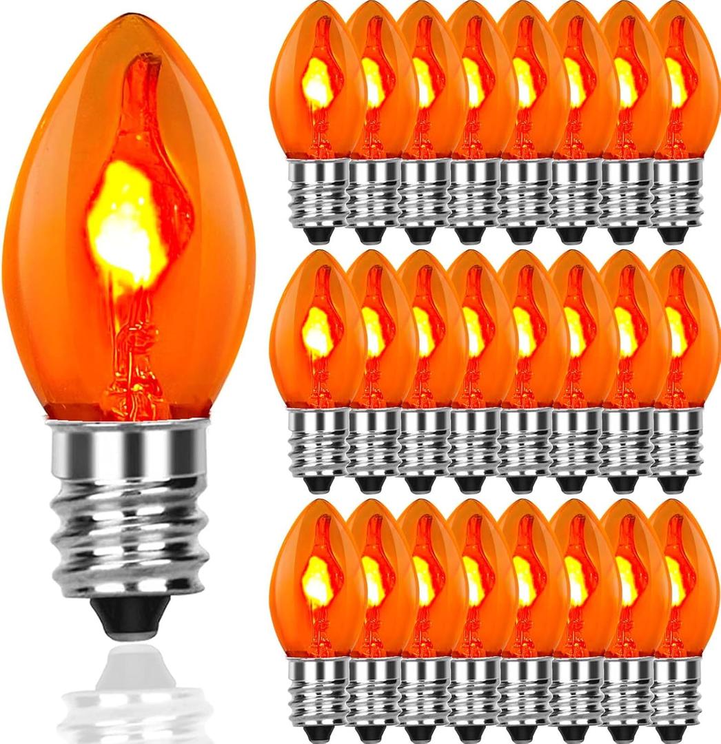 C7 Flicker Flame Orange Bulb, Flame Shaped Bulb Dances with a Flickering Glow, 1W, C7/E12 Candelabra Light Bulbs, 25 Pack
