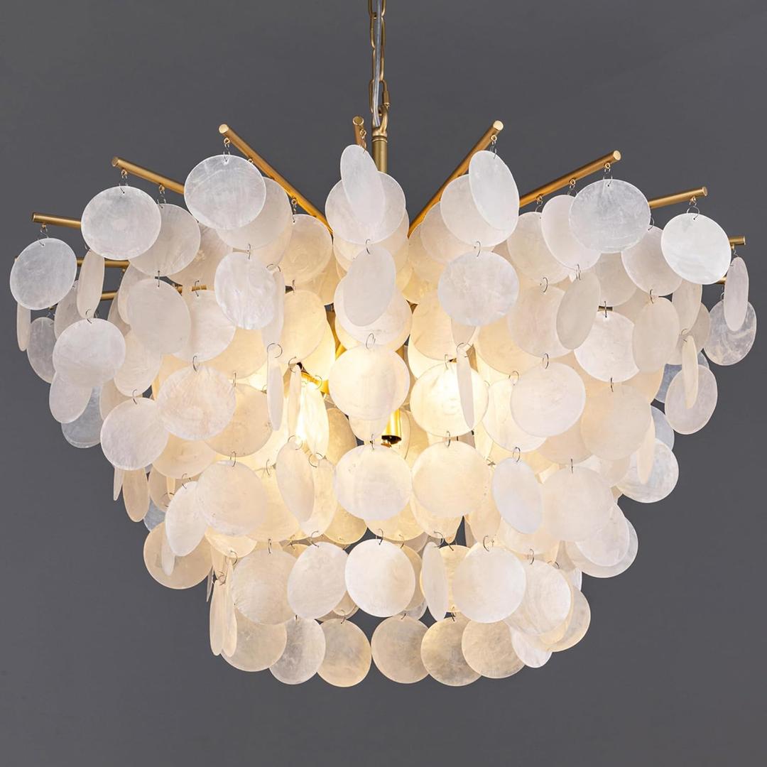 TOCHIC 28" Capiz Shell Chandelier, Modern Coastal Light Fixture for Bedroom Gold Chandelier for Dining Room Living Room Nature Seashell Pendant Light Fixture for Kitchen, Foyer, Entryway, 7 Lights