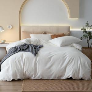 JIYUAN 100% Washed Cotton Duvet Cover Set 3 Pieces King, 1 Duvet Cover 104x90 Inches(Comforter Not Included) and 2 Pillowcases,Linen Feel Bedding Set Comfy and Breathable,Off White