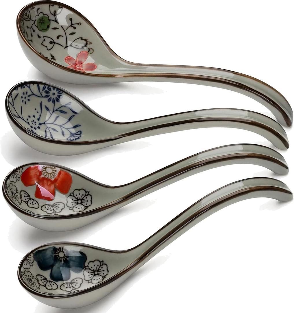 4 PCS Soup Spoons,Japanese Spoons,Ceramic Spoons, Chinese Asian Spoon Ramen Spoons, Pho Spoons for Ramen, Vietnamese Wonton, Dumpling Pho Miso Rice Noodle Soup Spoons - Set of 4