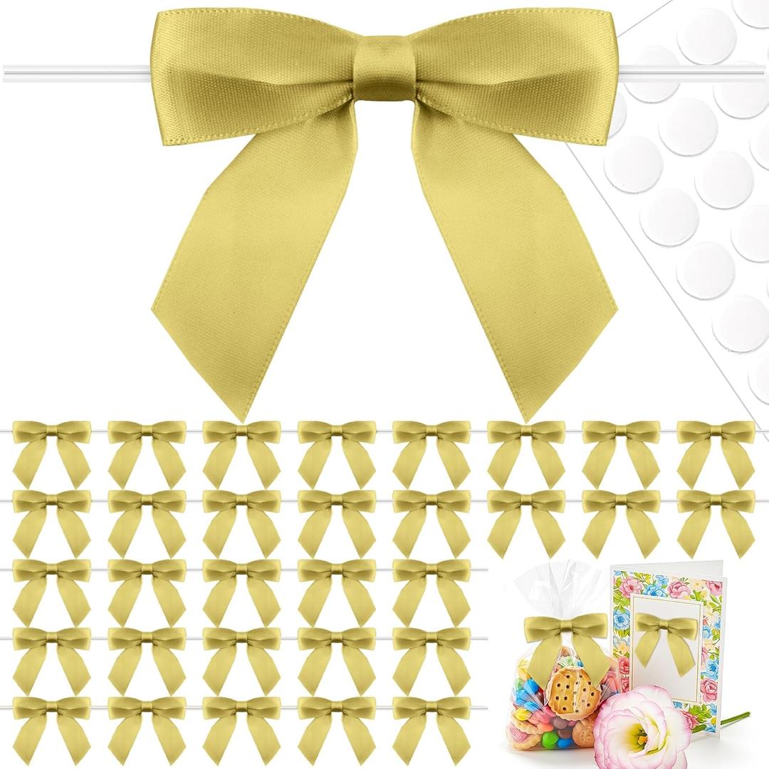 50 Pcs Gold Satin Ribbon Bows with Twist Ties & Adhesive Dots  3.5" x 3.5" Pre-Tied Gift Bows for Candy Bags, Crafts, Gift Wrapping, Baby Showers, Weddings & Party Favors