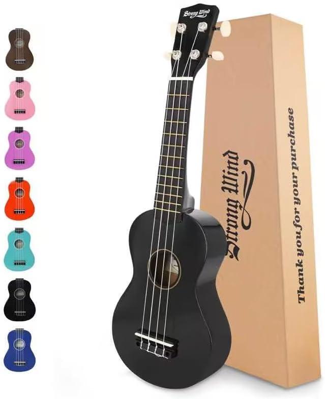 Strong Wind Soprano Ukulele 21 Inch Basswood Ukeleles for Beginners Four Strings Hawaiian Guitar Christmas Ukulele for Adults Teenagers, Black