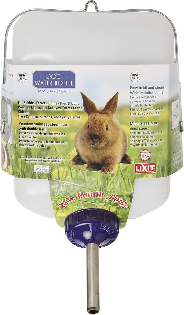Lixit All-Weather Rabbit Water Bottle - 64 Ounce Widemouth Cage Water Bottles for Rabbits, Ferrets, Guinea Pigs, Rats, and Other Small Animals (White, 64 Ounce)
