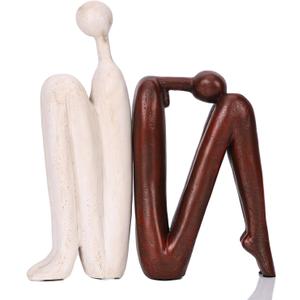 Thinker Statue Book Ends Decorative, Resin Stone Bookends for Heavy Books, Mid Century Vintage Reading Bookends, Aesthetic Unique Book Shelf Holder Ends - for Cool Artistic Abstract Decor (Beige-brown)