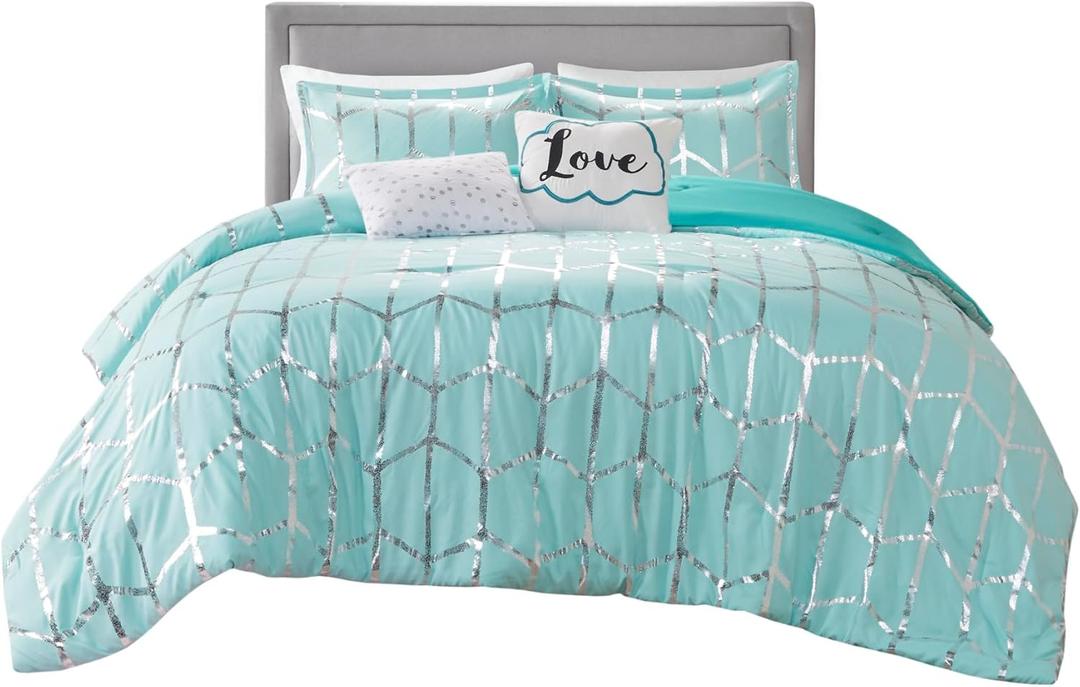 Intelligent Design Raina King / Cal King Comforter Set, Soft Microfiber Comforter Set King, Modern Geometric Metallic Bed Set, 5 Pieces College Bedding Comforter Set with 2 Shams, 2 Toss Pillows Aqua (Aqua/Silver)