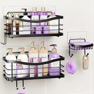 ODesign Shower Caddy 3 Pack-Shower Organizer Shelves Rack Rustproof SUS304 Stainless Steel for Bathroom Storage&Kitchen-No Drilling Adhesive Shower Caddy Shelf with 4 Hooks Suction Cup-Black