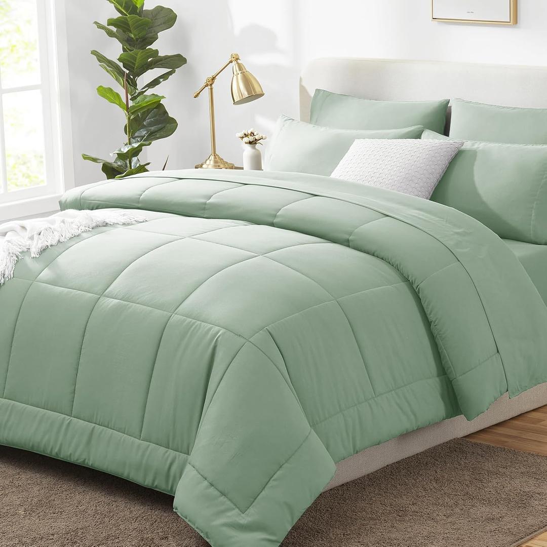 CozyLux King Size Comforter Set Sage Green, 7 Pieces Bed in a Bag, Green Comforter King Size, All Season Bedding Sets with Stitch Quilted Comforter, Flat Sheet, Fitted Sheet, Pillowcases