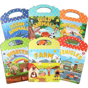 6Pcs Reusable Sticker Books, Sticker Books for Toddlers 2-4 Years, Vehicles Insects Animals Dinosaurs Stickers Scenes for Crafts Parties Travel Boys Girls Gifts