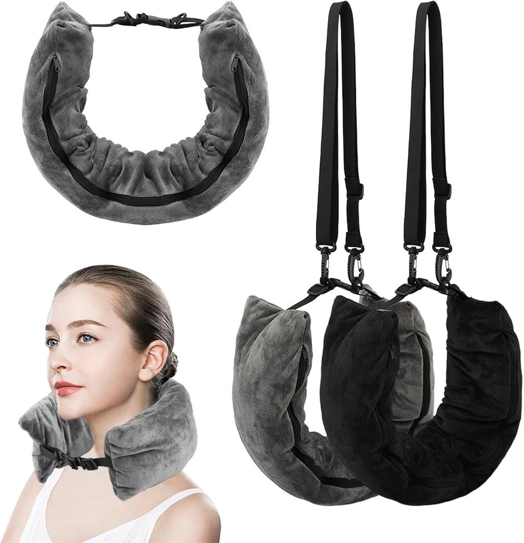 2 Pack Stuffable Travel Pillow for Extra Luggage, Adjustable Velvet Travel Neck Pillow, Stuffable NeckPillow with Clothes, Multifunctional Sleeping Rest Cushion