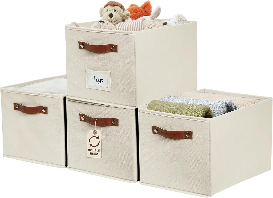 DECOMOMO Storage Baskets for Shelves - Large 15"x11"x10" Foldable Fabric Storage Bins, Baskets for Organizing with Labels (Beige, 4pcs)