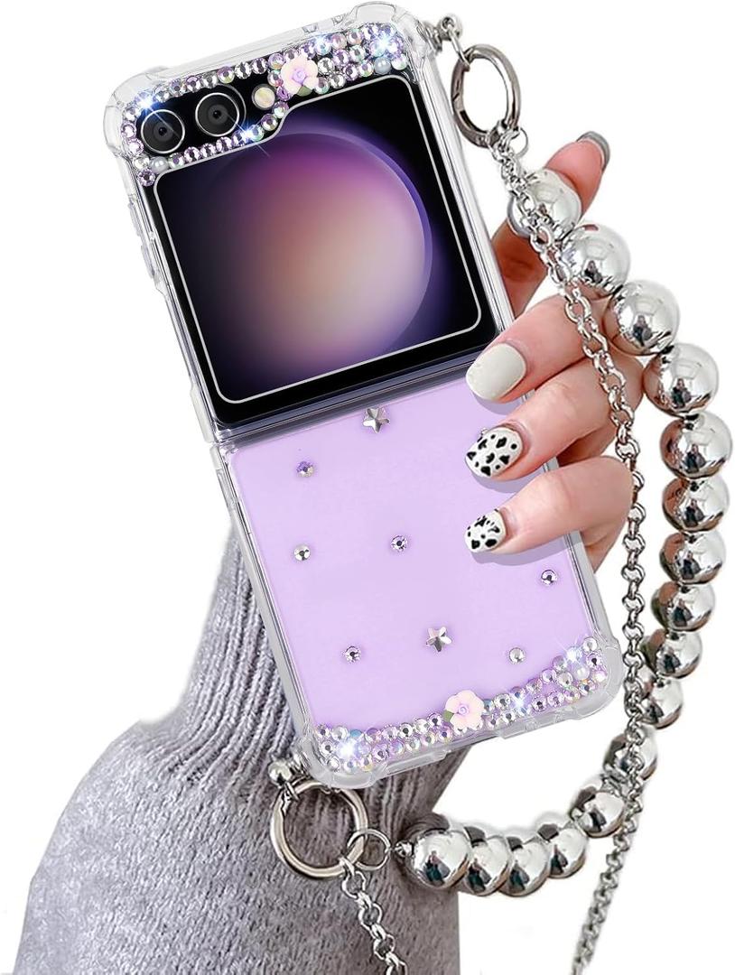 Omio Compatible with Samsung Galaxy Z Flip 6 5G Case with Crossbody Chain Strap Bracelet Cute 3D Handmade Sparkle Crystal Diamond Bling Glitter Hard PC Phone Case for Galaxy Z Flip 6 Women Girls Clear