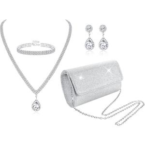 Subiceto 4Pcs Silver Clutch Purse Jewelry Set for Women Evening Rhinestone Purse Crystal Necklace Earrings Bracelets Set Silver Accessories for Women Bride Wedding Jewelry