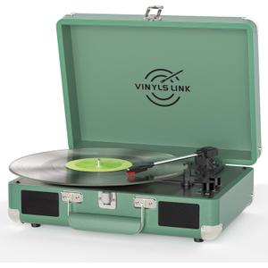 Vinyl Record Player with Built-in Speakers Treble & Bass Gain Vintage Bluetooth Turntable 3-Speed Portable Suitcase LP Player AUX-in RCA Headphone Out, Forest Green