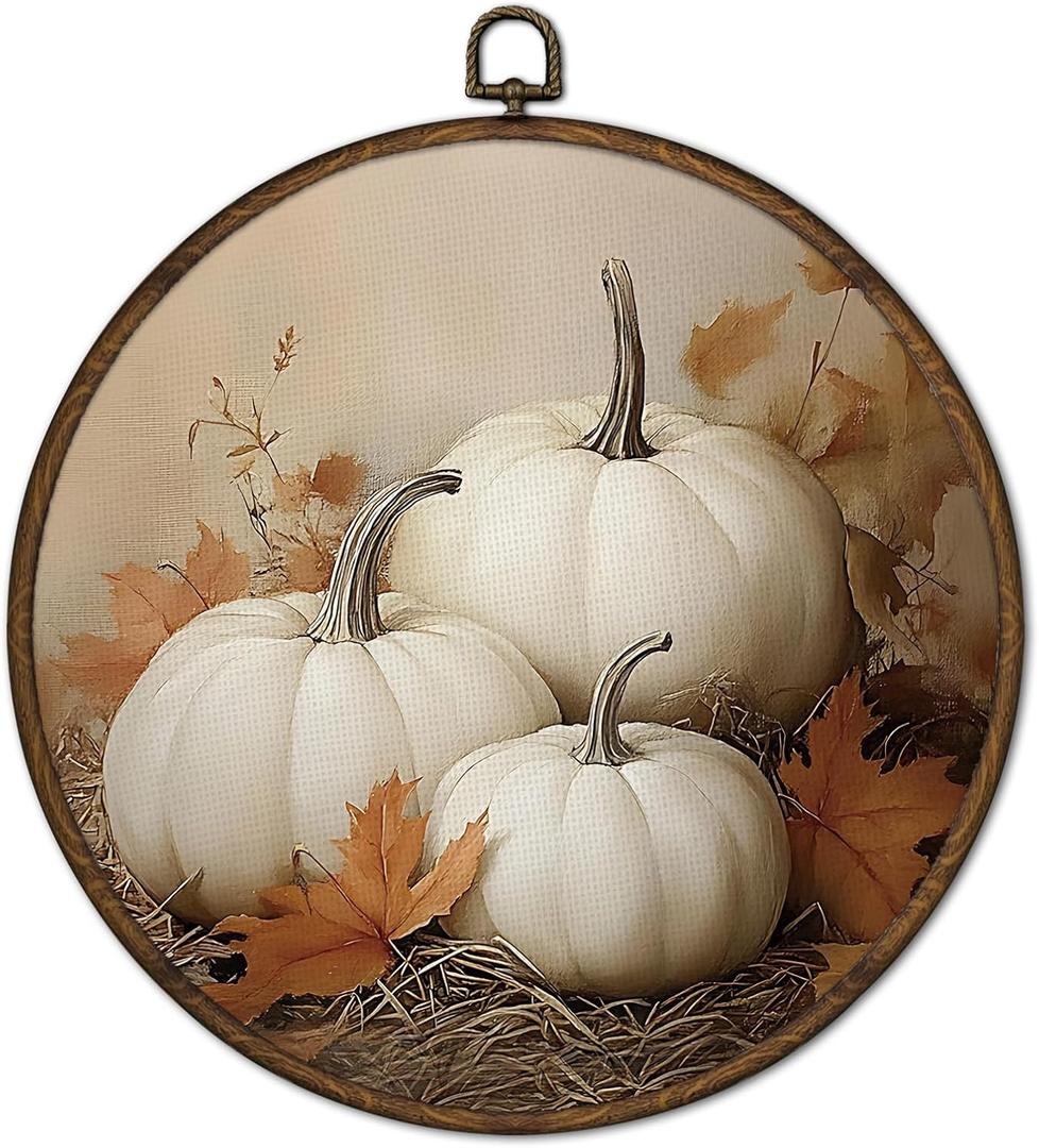 cvjutf Vintage Fall White Pumpkin Wall Art Framed, Fall Bathroom Decor, Rustic Farmhouse Autumn Round Wall Decor, Thanksgiving Pumpkin Canvas Prints Art for Kitchen Bathroom Living Room, 10x10 Inch
