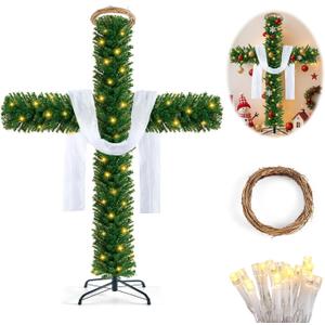 76 Inch Cross Christmas Tree with 2 Lights Strings and Garland Jesus Christ Catholic Cross Decor Decoration Foldable Xmas Tree for Indoor Outdoor Holiday, Yard, and Church Nativity Scene Decor