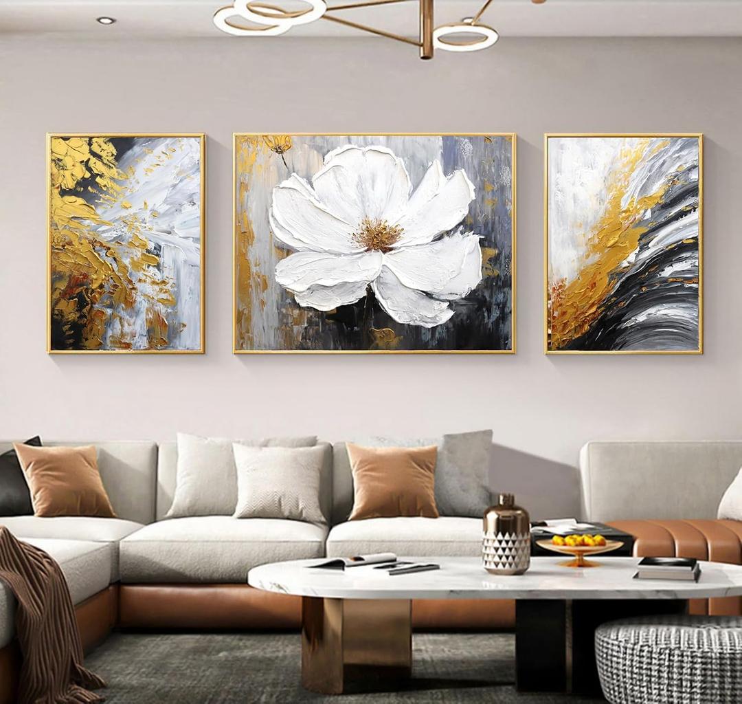 3 Pcs Hand-Painted Floral Canvas Wall Art for Living Room | 3D Textured Abstract White Flower Paintings with Gold Frames for Bedroom | Ready to Hang Modern Luxury Wall Decor for Office (24x64 Inches)