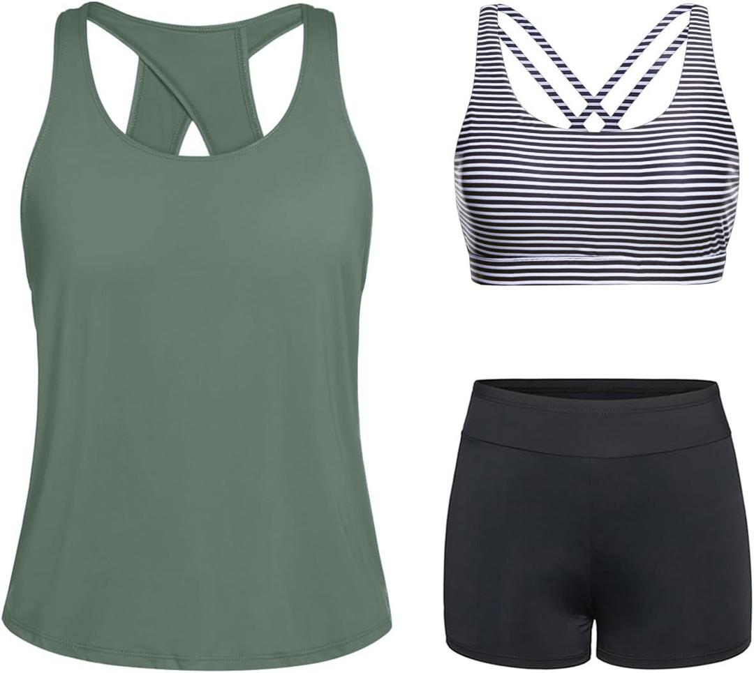 Tempt Me 3 Piece Tankini Swimsuits for Women Athletic Bathing Suits Swim Tank Top with Boy Shorts and Bra Modest Swimwear (Army Green & Stripe) M