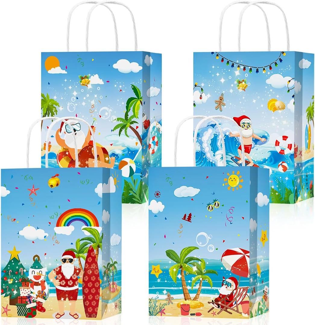 HOWAF 12pcs Hawaiian Christmas Party Decorations Gift Bags, Tropical Christmas Paper Bags with Handle, Mele Kalikimaka Goodie Bags for Summer Xmas Party