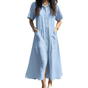 chouyatou Women's Summer Short Sleeve Button Down Shirt Dress A-Line Flared Maxi Long Beach Casual Dress Small