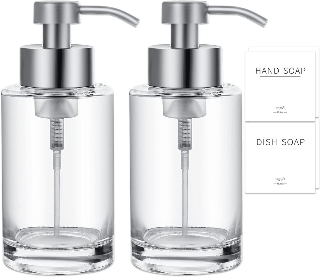 Foaming Soap Dispenser Set, 12 Oz Glass Hand Soap Dispenser with 304 Rust Proof Stainless Steel Pump, Waterproof Labels, for Bathroom Decor Kitchen College Dorm, Clear Silver Pump 2 Pack
