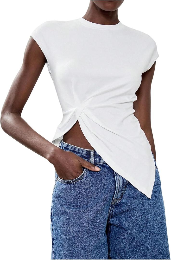 Verdusa Women's Y2k Asymmetrical Tops Cap Sleeve Going Out Tee Shirts (White, L)