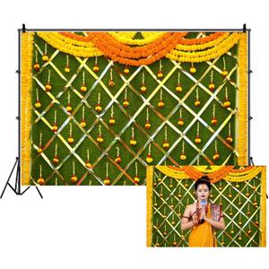 Renaiss 7x5ft Indian Traditional Backdrop Macrame Marigold Garland Marriage Diwali Festival Photography Background for Wedding Bridal Shower Anniversary Party Decor Photo Props (Yellow)