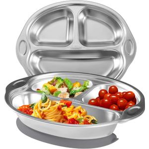 Stainless Steel Baby Suction Plates: Divided Plates for Babies and Toddlers, Made of 100% Food-Grade Materials Ideal for Baby-Led Weaning BPA-Free Toddler Feeding Dishwasher Safe Gray (Stainless steel dinner plates)