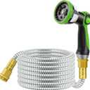 25 FT Stainless Steel Garden Hose with 10-Function Spray Nozzle, Kink-Free Flexible Metal Water Hose, Solid Brass 3/4'' Connectors, Heavy Duty, Durable, Leak-Proof, Lightweight, Tangle-Free