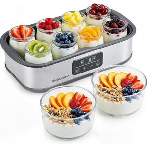 Elite Gourmet ProBioticPRO Digital Yogurt Maker, Programmable Temp & Time Control (68127F), Includes 8 Glass Jars (6 oz) + 2 Large 1-Qt Bowls, Stainless Steel, Auto Shut-Off
